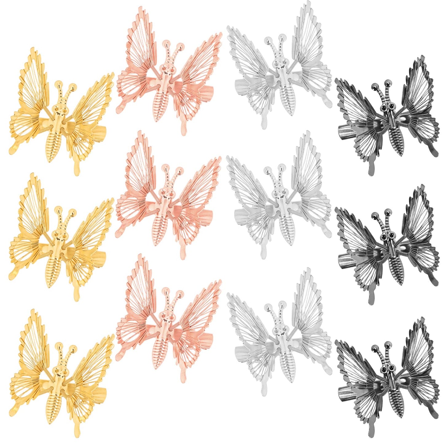 DEEKA 12 PCS Moving Butterfly Clips 3D Metal Gold Silver Black Moving Wings Butterfly Hair Accessories 90s Hair Clips Barrette for Women and Girls -4 Color