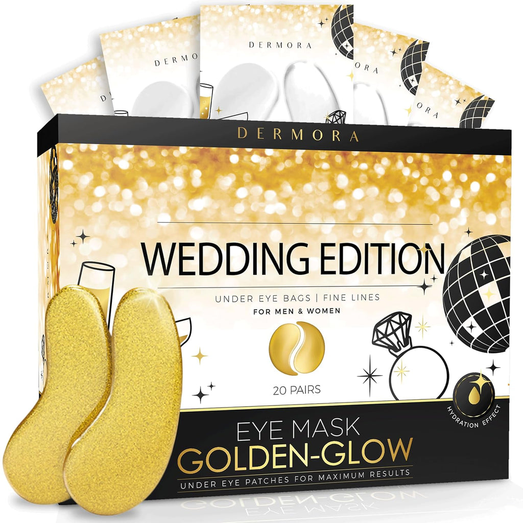 DERMORA Golden Glow Under Eye Patches | Rejuvenating Treatment | Dark Circles, Puffy Eyes, Refreshing, Revitalizing, Travel, Wrinkles | 20 Pairs Eye Gels