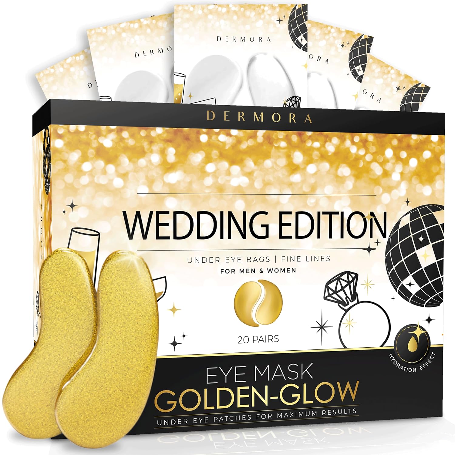 DERMORA Golden Glow Under Eye Patches | Rejuvenating Treatment | Dark Circles, Puffy Eyes, Refreshing, Revitalizing, Travel, Wrinkles | 20 Pairs Eye Gels