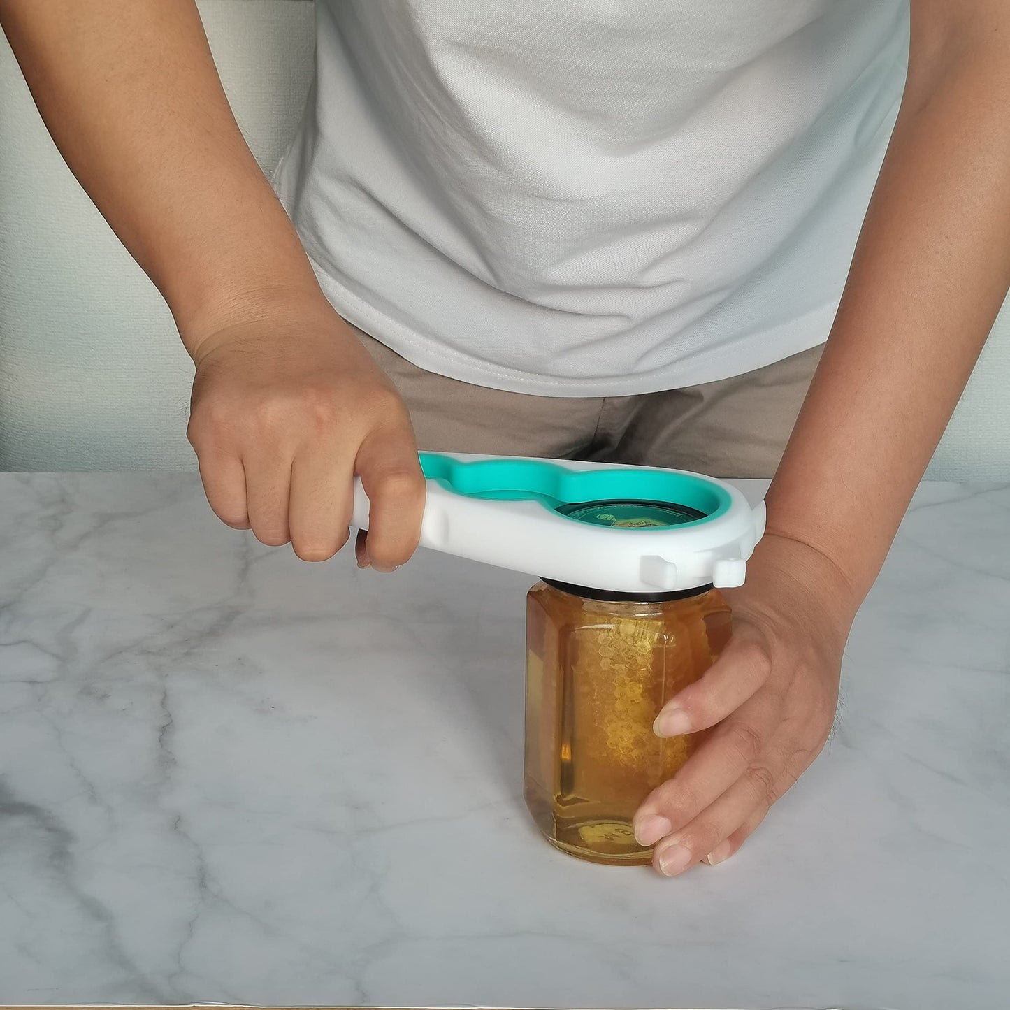 Otstar Jar Opener Bottle Opener and Can Opener for Weak hands, Seniors with Arthritis and Anyone with Low Strength, Mutil Jar Opener Get Lids Off Easily (White and Cyan)