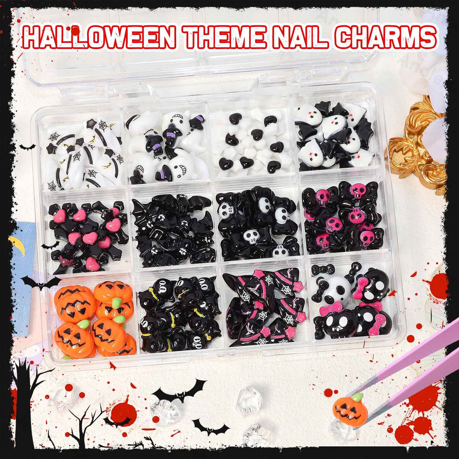 Halloween Resin Charms, 3D Vintage Punk Spider Skull Pumpkin Ghost Bat Nail Art Charms, Halloween Gothic Mini Figurines Charm for Nail Art Supplies DIY Crafts Accessories