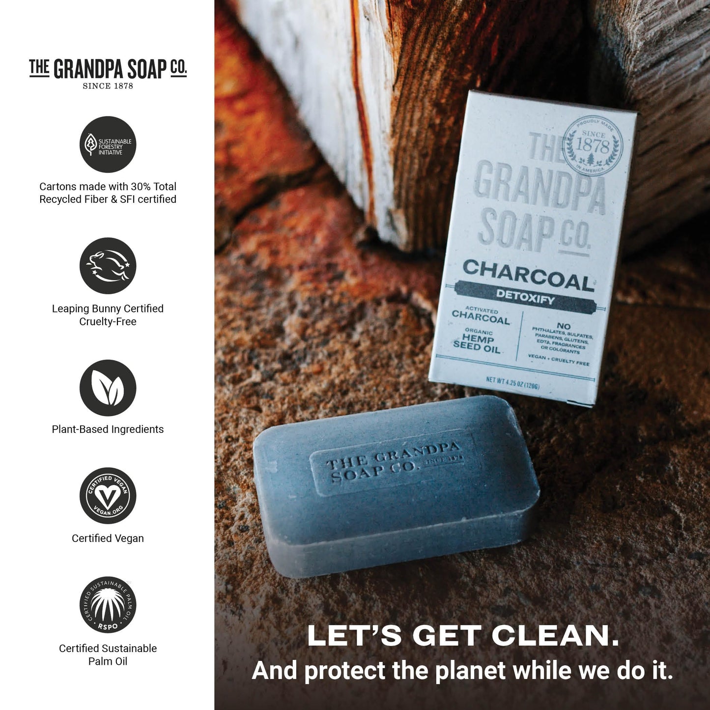 The Grandpa Soap Company Charcoal Bar Soap - With Activated Charcoal Hemp Seed and Mint Oil, Detoxifies, Draws Out Dirt and Toxins, Clear Congested Pores, Vegan, 4.25 Oz, 6 Pack