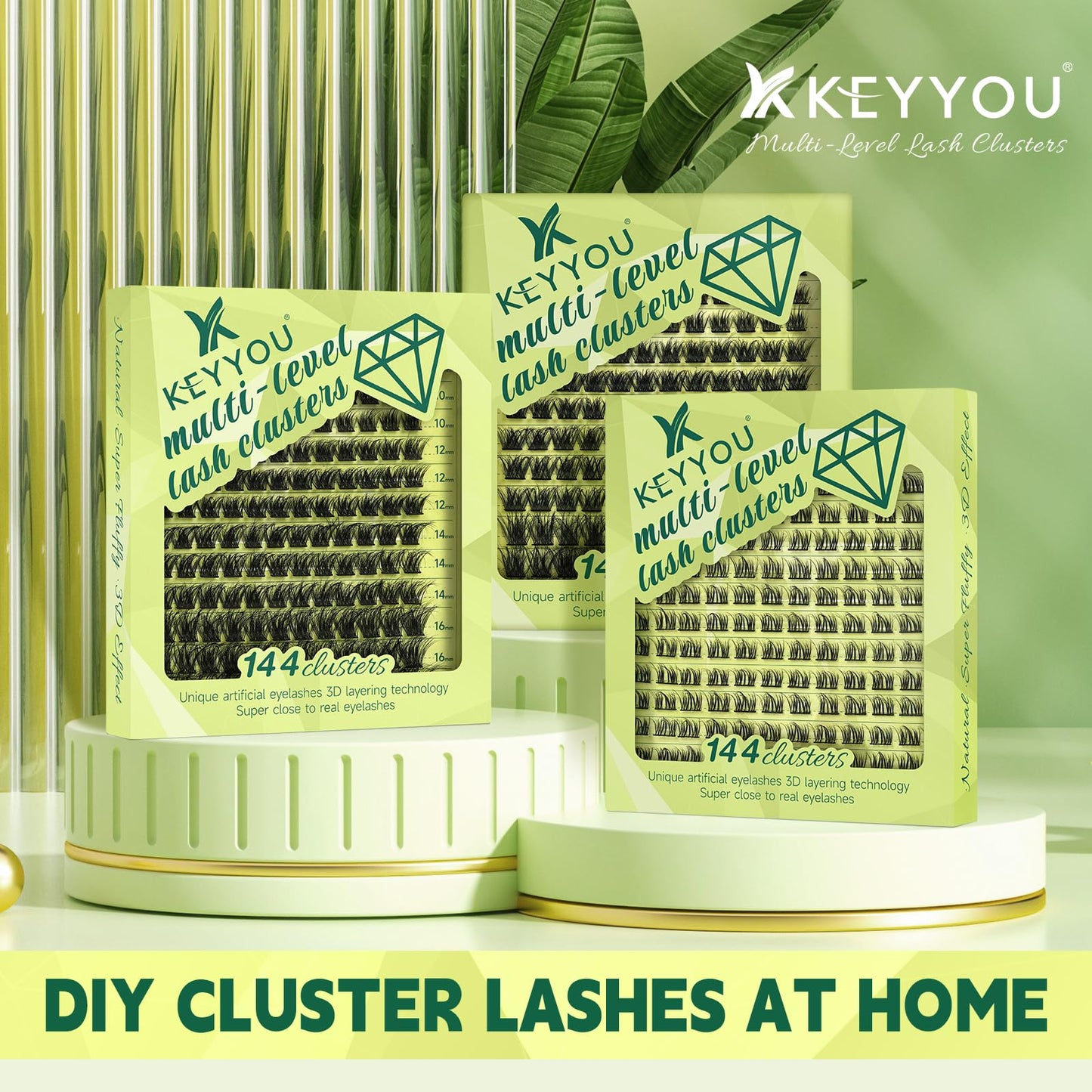 Lash Clusters 3D Effect Eyelash Clusters KEYYOU 144pcs D Curl Wispy Lashes Fluffy Cluster Lashes 8-18MIX Natural Soft DIY Lash Extension at Home(Enthrall-D-MIX)