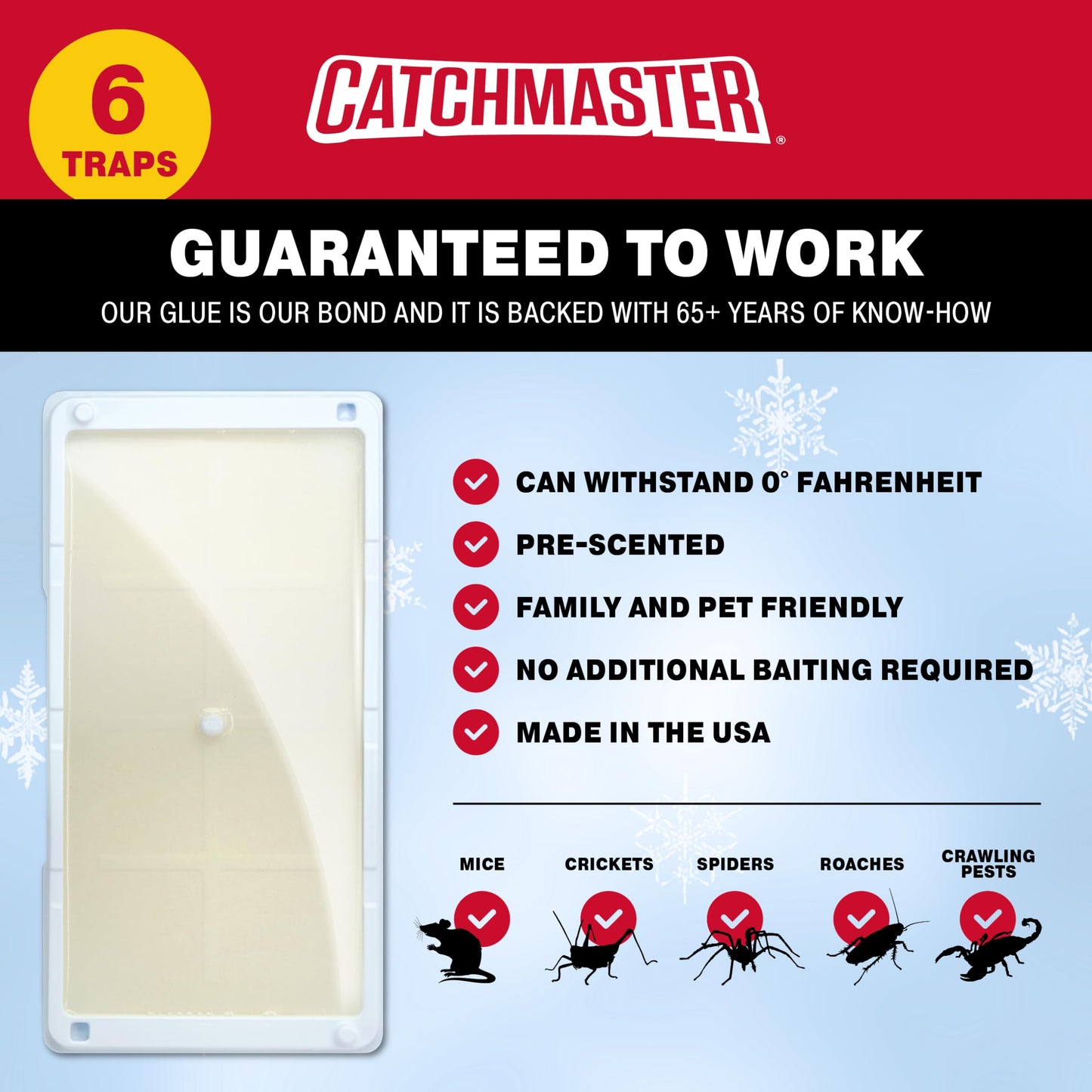 Catchmaster Cold Weather Glue Traps 6PK Mouse Traps Indoor for Home, Pest Control Adhesive Tray, Catch Bugs, Crickets, Spiders, Rats & Rodents, Pet Safe Pre-Baited Glue Boards for House, Shed & Garage