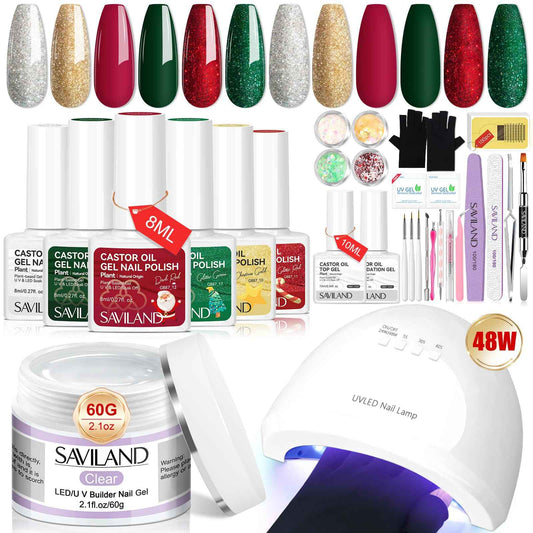 SAVILAND Christmas Gel Nail Polish Kit - 6 Colors Gel Nail Polish Kit with U V light Christmas Limited Series 2.12oz. Clear Builder Nail Gels UPF 200+ U V Protection Gloves Nail Tech Gifts