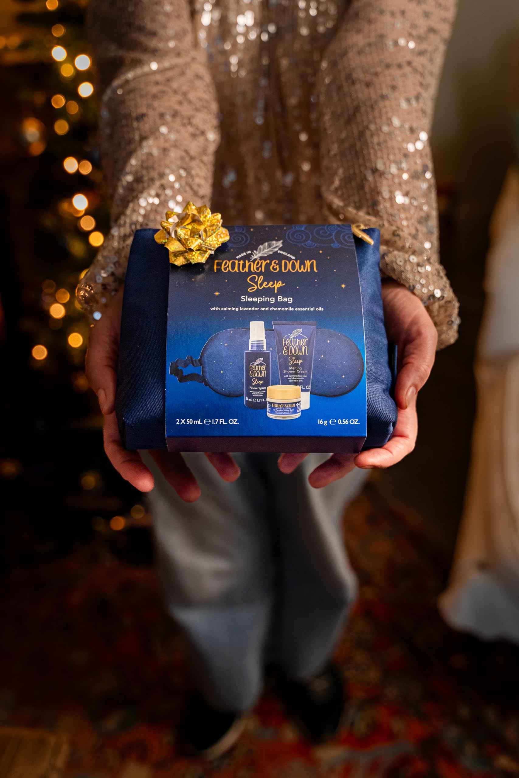 Feather & Down Sleeping Bag Gift Set: Luxury Eye Mask, Sleep Balm, Pillow Spray and Shower Cream, with Calming Lavender & Chamomile Essential Oils, Vegan & Cruelty Free