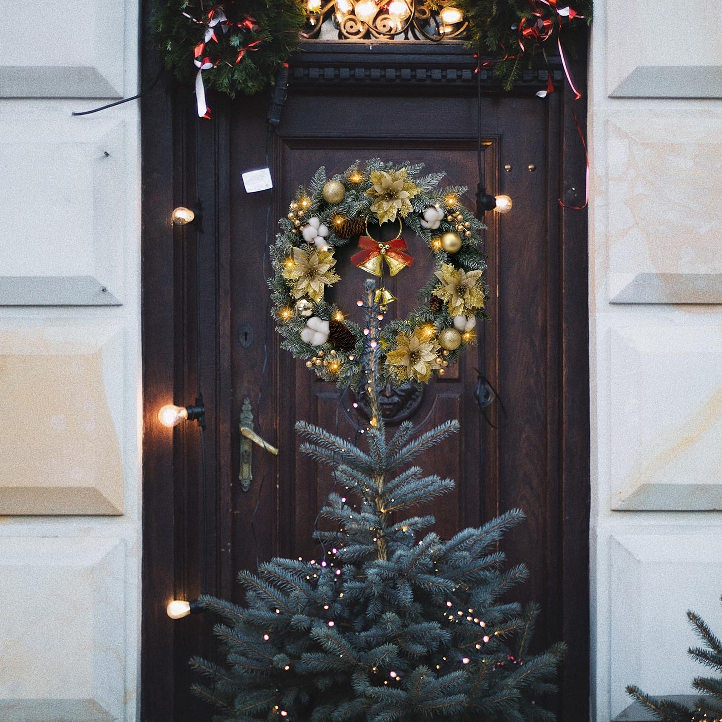 Veryhome Handcrafted 18 inches Pine Needle Christmas Wreath with Pinecones and Gold Accents with LED Lights - Perfect Holiday Decor for Front Door Fireplace