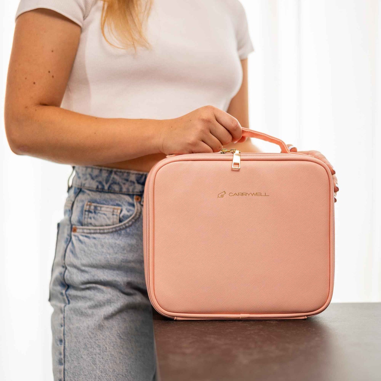 (Not Made In China) Makeup Bag Travel Case, Train Case for Cosmetics, Portable Beauty Organizer, Cosmetic Storage Bag With Adjustable Dividers For Make Up and Brushes