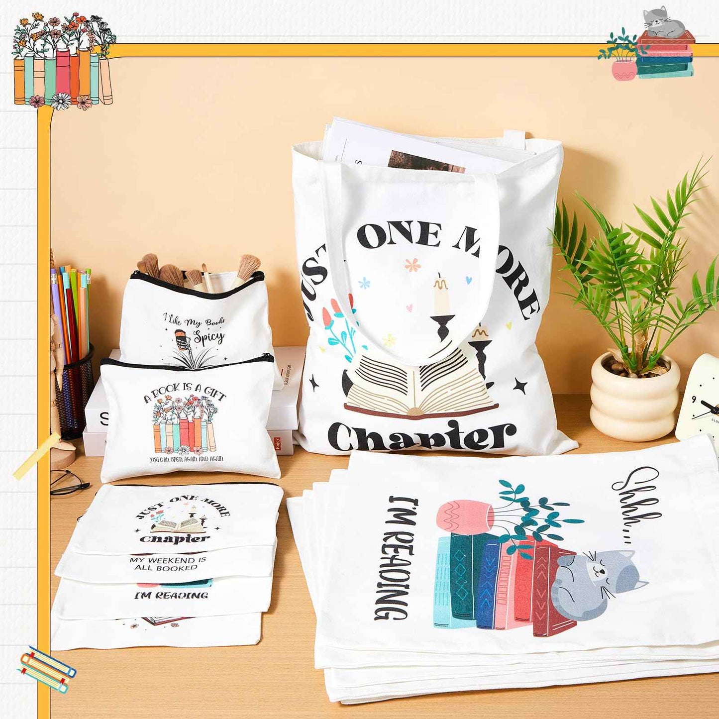 Paterr 12 Pcs Book Club Gifts Bulk Reading Canvas Tote Bag with Makeup Bag Book Lovers Gifts for Women - Reading Accessories, Librarian, Bookish, Readers, Author, Library Present