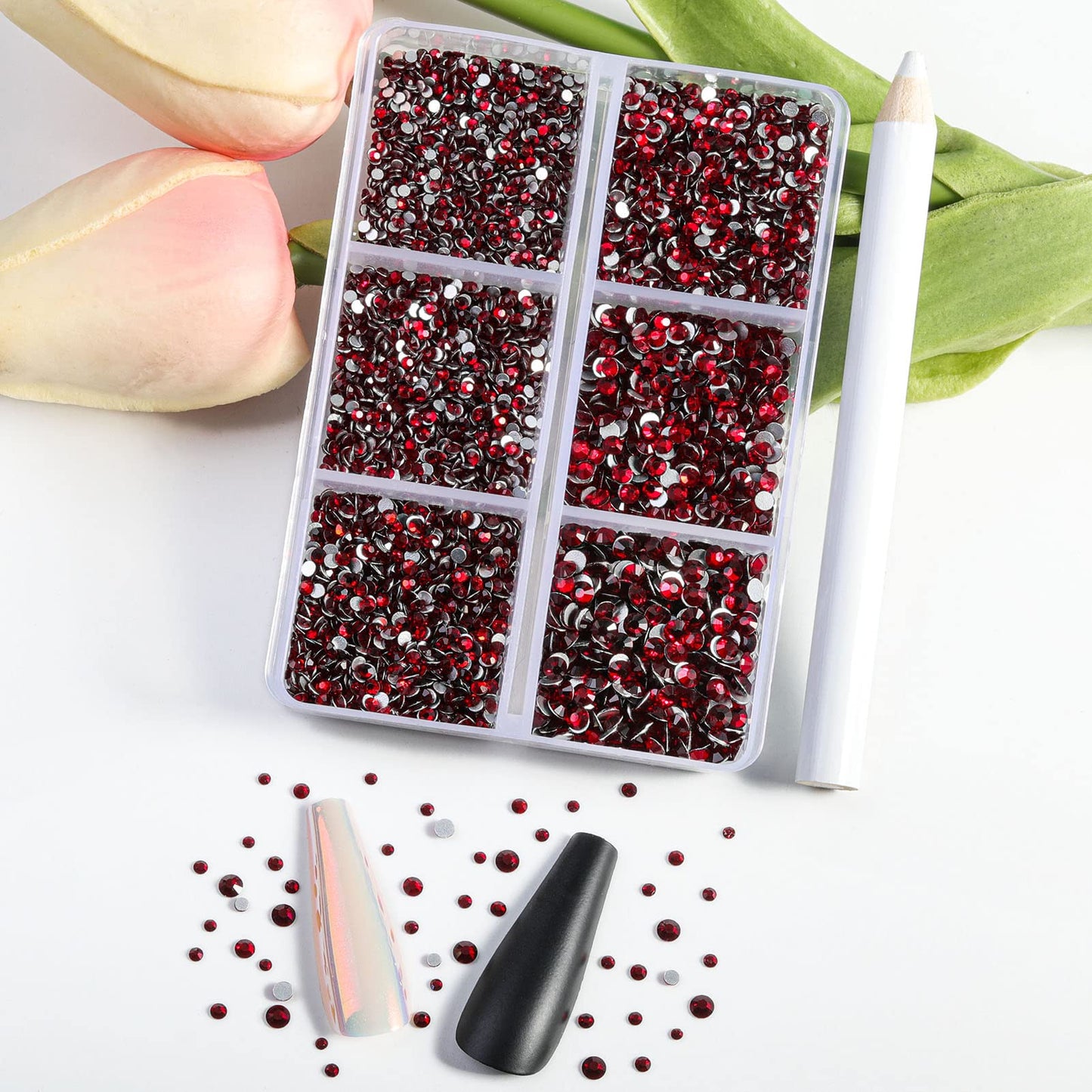 Beadsland 7200pcs Flatback Rhinestones,Dark Red Rhinestones Nail Gems Round Crystal Rhinestones for Crafts,Mixed 6 Sizes with Wax Pencil Kit, SS3-SS10,Dark Siam