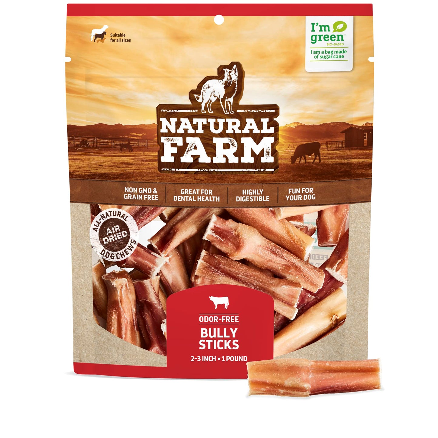 Natural Farm Odor Free Bully Sticks (2-3 Inch, 1 Pound) for Small & Medium Dogs - 100% Beef Chews for Pups, Non-GMO, Grain-Free, Fully Digestible Long Lasting Dog Treats