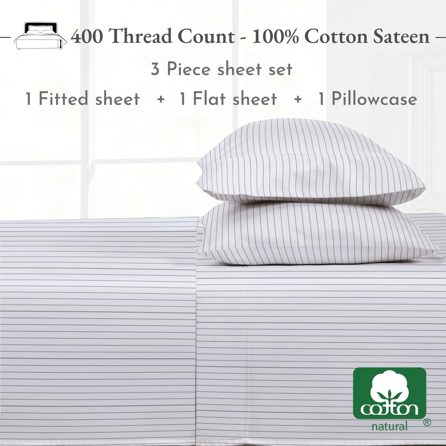 California Design Den Pinstripe Twin Sheets Softest 100% Cotton Sheets Set, Luxury 400 Thread Count Sateen, 3 Piece Deep Pocket Printed Striped Pattern (Pinstriped)