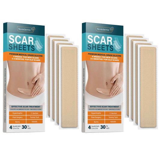 NUVADERMIS Silicone Scar Sheets – Extra Long Medical-Grade Scar Sheets for C-Section, Tummy Tuck, Keloid, and Surgical Scars – Reusable and Effective – 2 Packs of 4-8 Total Sheets