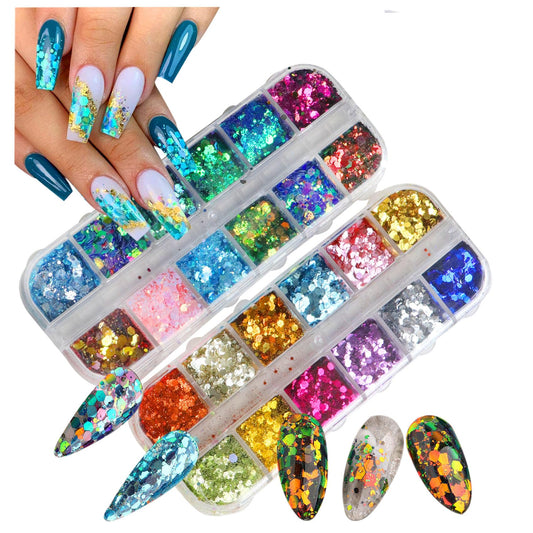 24 Colors Chunky Nail Glitter for Nail Art Holographic Nail Art Sequins Nail Powder Ombre Chameleon Flakes Laser Shiny Glitters Accessories for Women Girls Manicure DIY Nail Art Decorations Supply