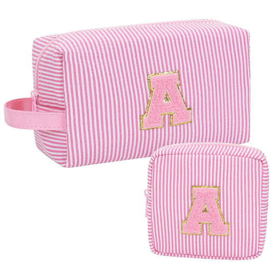 MONSTINA Initial Makeup Bag Set for Girls&Women,Personalized Make Up Case for Girlfriend Graduation Teacher Gifts,Cute Toiletry Bag Preppy Chenille Letter Patch,Pink A