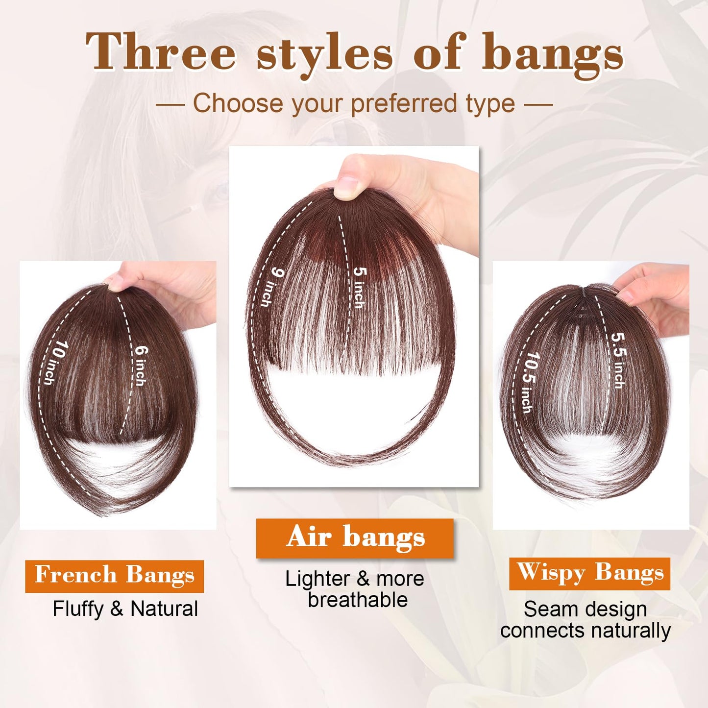 QGZ Clip in Bangs-Fake Bangs Hair Clip Fringe with Temples Hairpieces 100% Real Human Hair Extensions Curved Clip On Bangs for Women(Dark Auburn Brown Air Bangs)