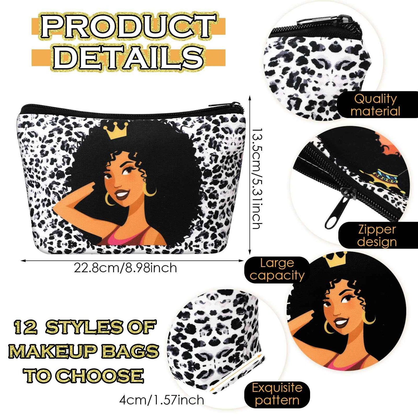 Umigy 12 Pcs African Girl Makeup Bag Black Girl Makeup Bag Afro Melanin Art Cosmetic Canvas Bags Funny Cute Reusable Toiletry Pouch Organizer Black Owned Business Gift for Women Lady(Leopard Print)