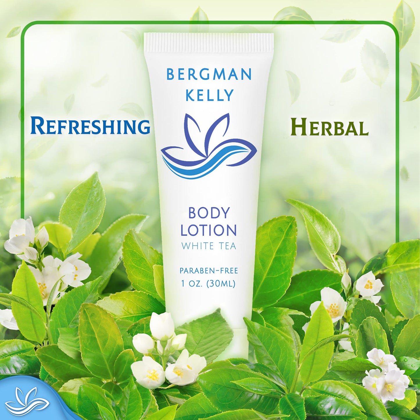 BERGMAN KELLY - Travel Size Lotion - 1 fl oz, 100 PK, White Tea - Delight Your Guests with Invigorating and Refreshing Body Lotion - Quality Mini and Small Size Guest Hotel Toiletries in Bulk