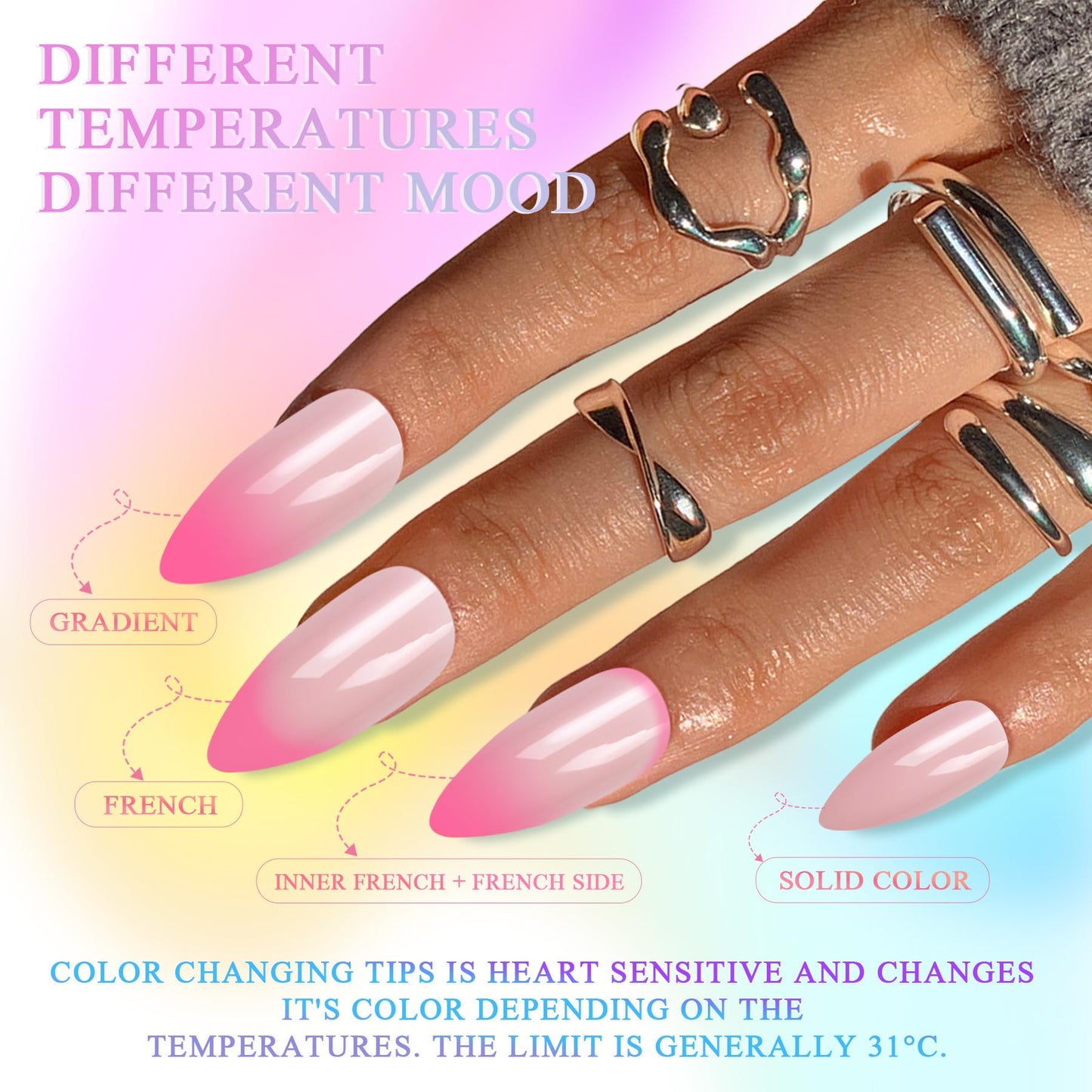 Mood Temperature Change Nails Pink To Light Pink Color Changing Gel Tips Stiletto Almond False Nail Art Design