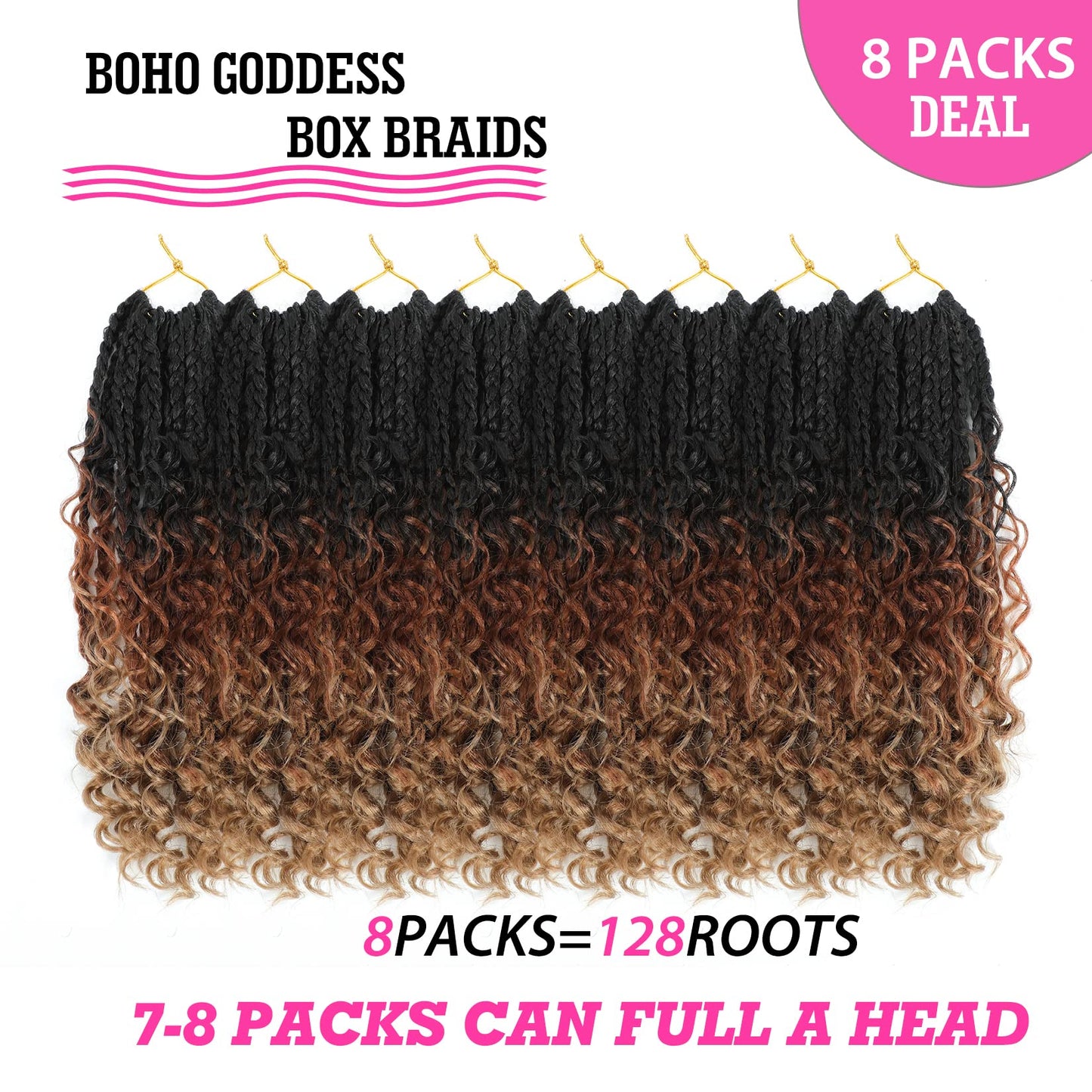 14inch Goddess Box Braids Crochet Hair Crochet Box Braids Curly Ends 3X Bohemian Crochet Box Braids Hair Synthetic Crochet Hair Extensions(1B/30/27)