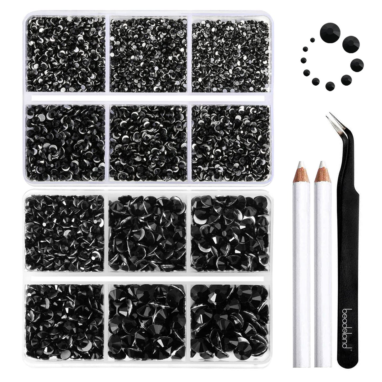 Beadsland 8300PCS Flatback Rhinestones, Black Rhinestone Round Crystal Rhinestones for Crafts, Mixed 10 Sizes with Wax Pencil and Tweezer Kit, SS3-SS30, Jet Black