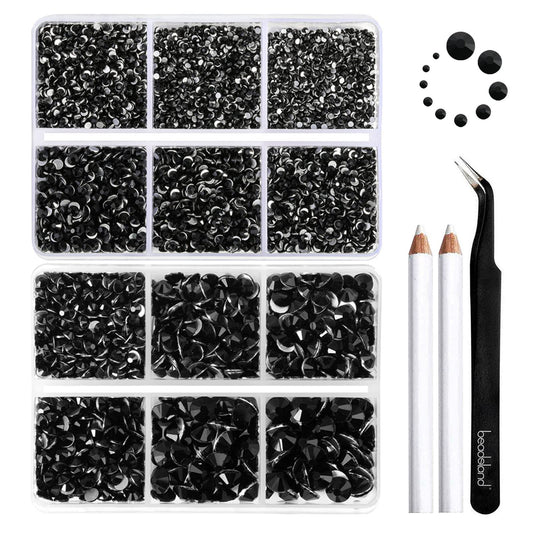 Beadsland 8300PCS Flatback Rhinestones, Black Rhinestone Round Crystal Rhinestones for Crafts, Mixed 10 Sizes with Wax Pencil and Tweezer Kit, SS3-SS30, Jet Black