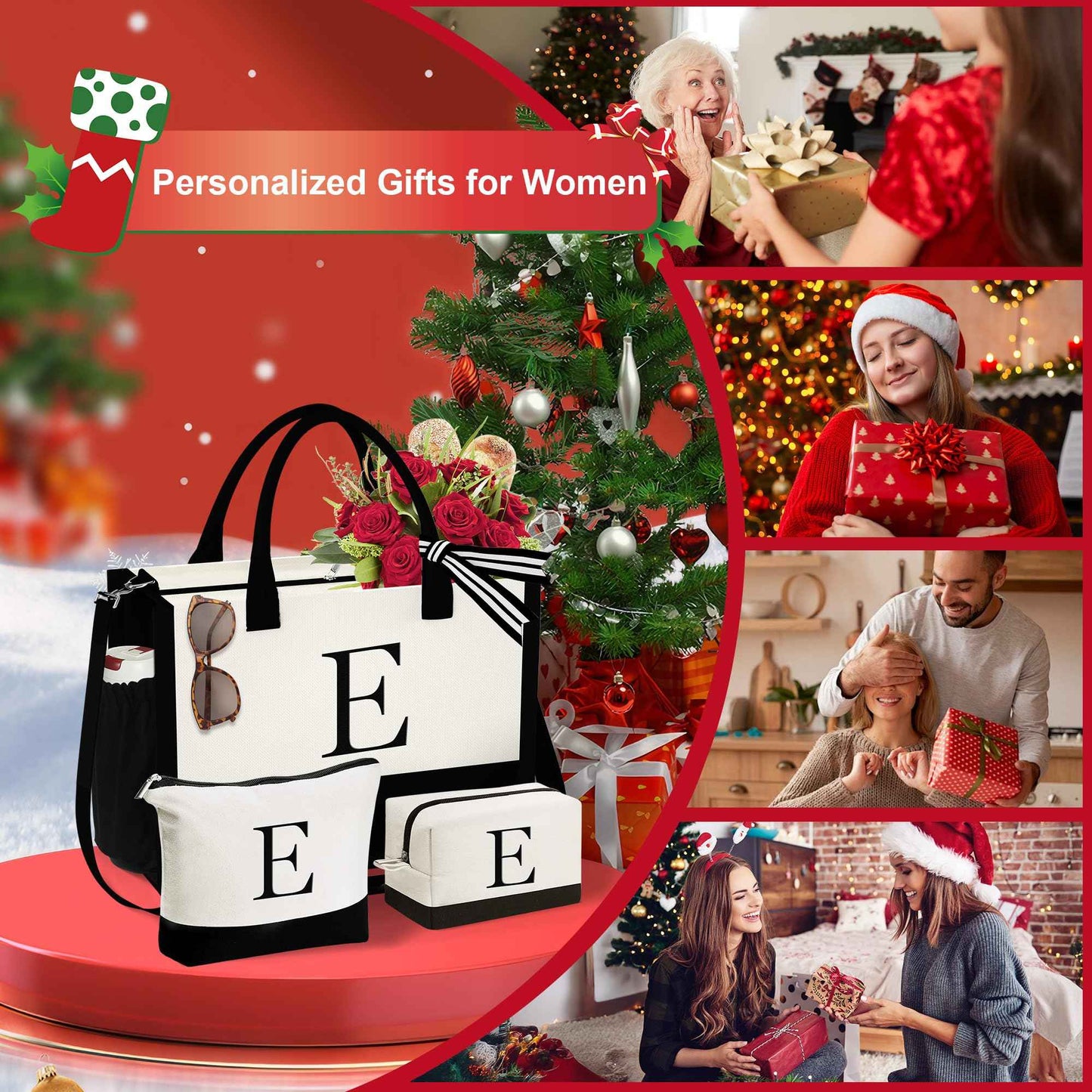 YOOLIFE Teacher Gifts for Women, Teacher Tote Bag, Initial Canvas Tote Bag & Makeup Bag, Letter T