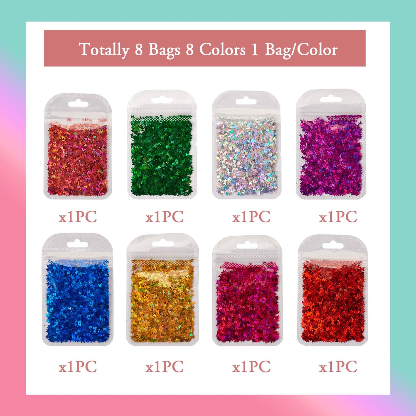 Cheriswelry 8 Bags Butterfly Nail Glitter Iridescent Nail Flakes Designs Nail Glitter Sequins Manicure Sparkle Decorations Chunky Glitter Sequins 3x3mm for Women Girls Crafts Painting Decor