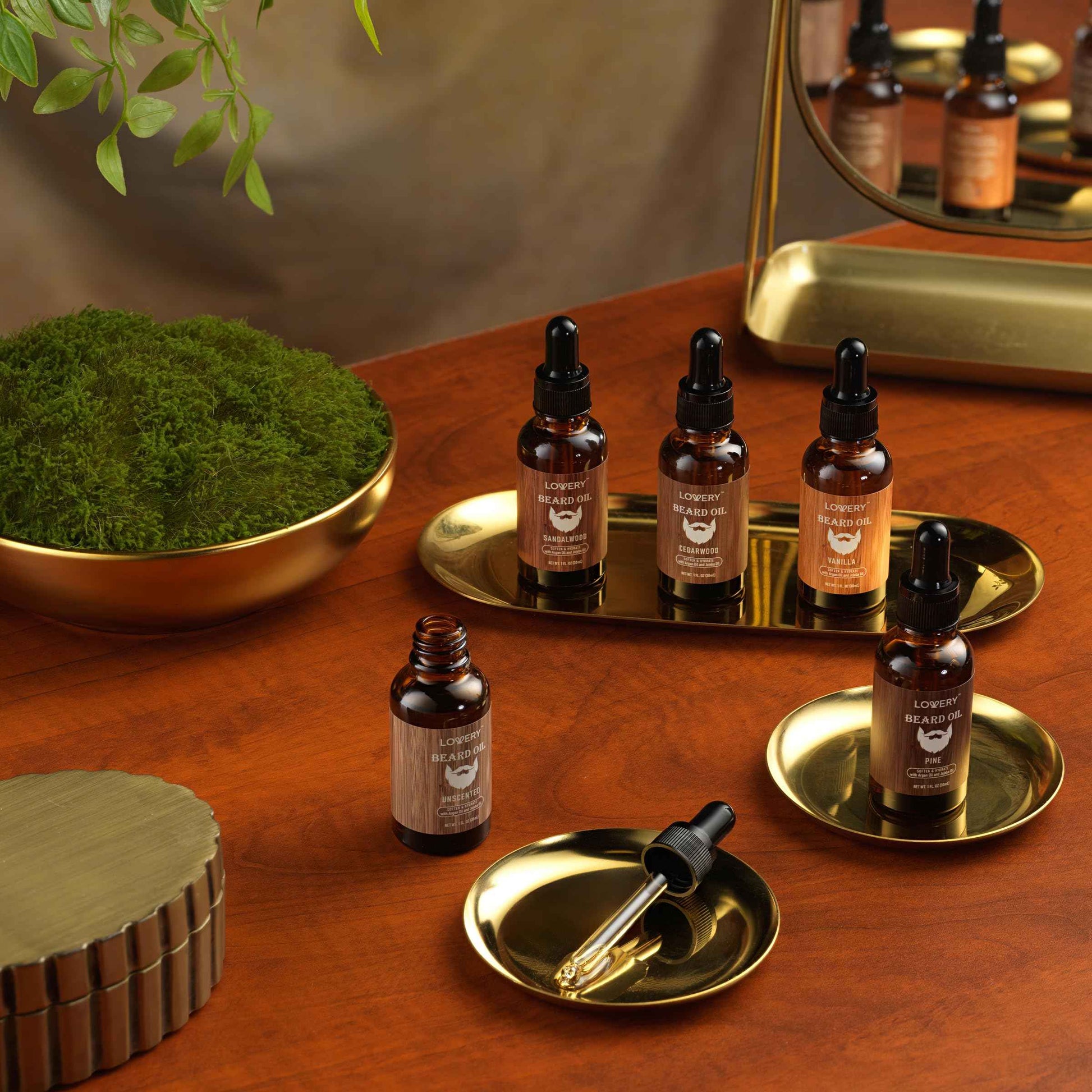 LOVERY (5 Pack Beard Oil for Men, Natural Mens Beard Oil Kit Variety Set - Sandalwood, Vanilla, Cedarwood, Pine, Unscented, W Argan & Jojoba Oil, Mens Beard Softener Grooming Gifts for Him