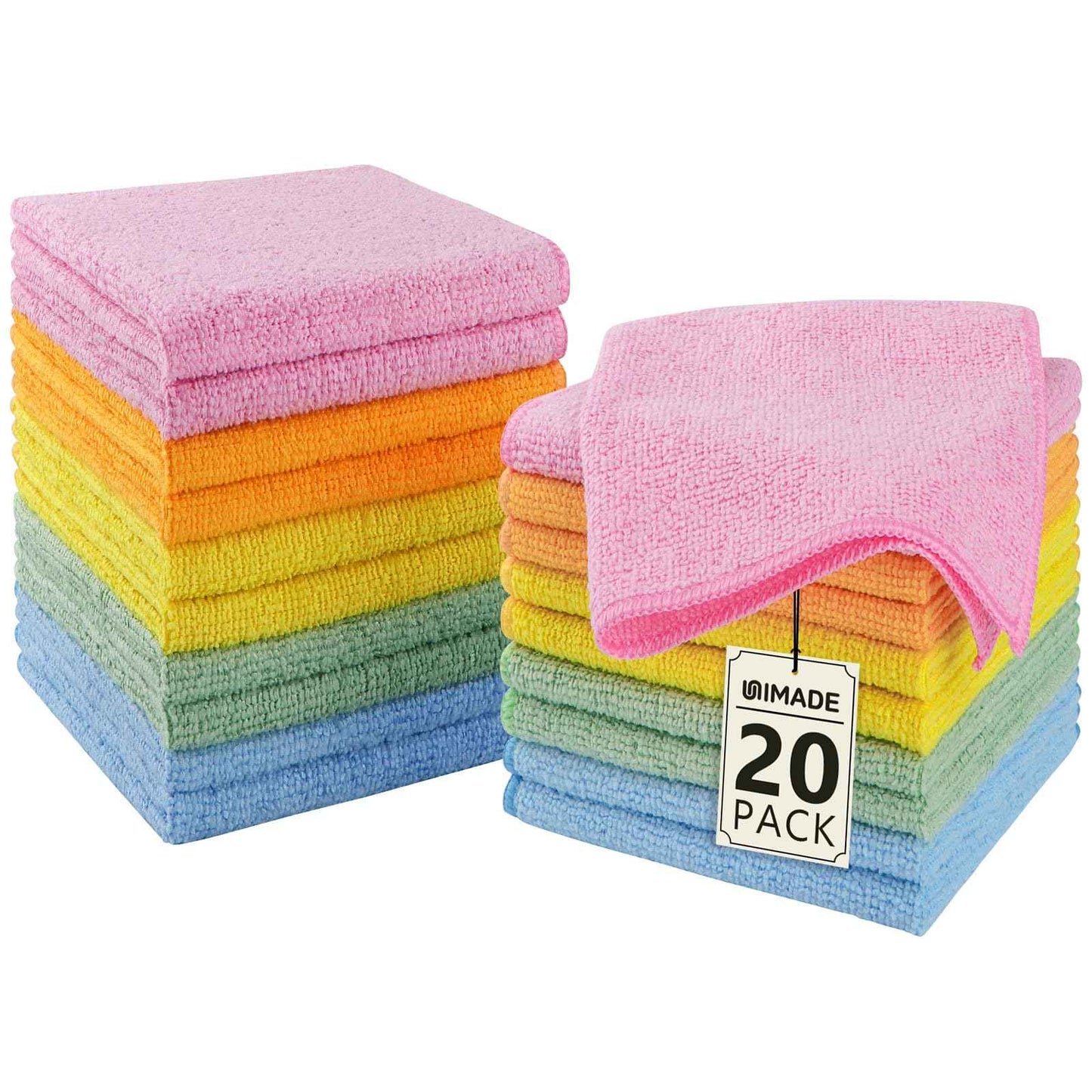 UNIMADE Washcloths - 20 Pack - Face Towels (12" x 12"), Highly Soft Wash Cloths and Hand Towels, Fast Drying Multi-Purpose Microfiber Cleansing Cloths for Bathroom, Hotel, Spa, and Salon - Multicolor