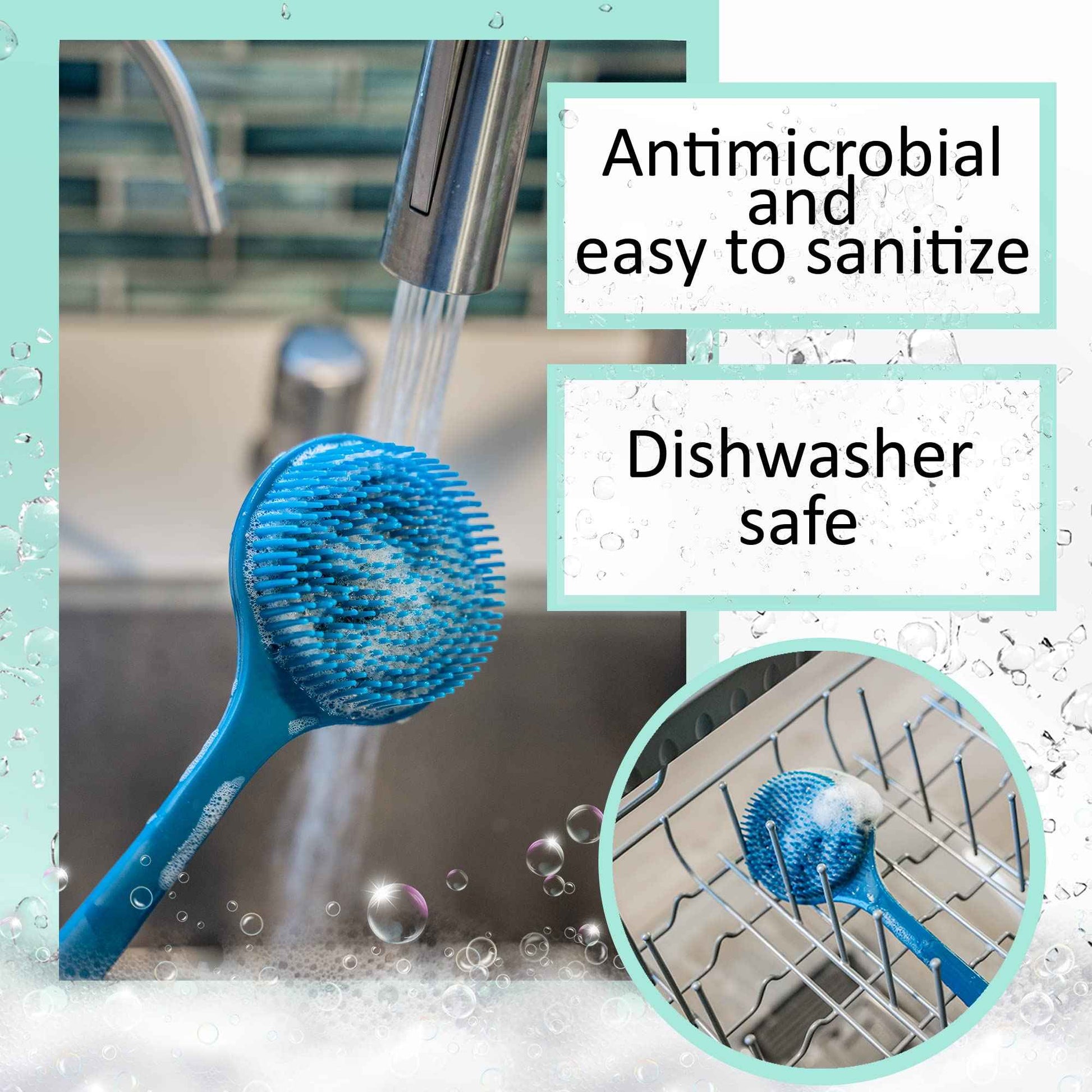 EOT Wellness Bendable Long Handled Silicone Back & Scalp Scrubber & Lotion Applicator for Back Bundle (Blue)