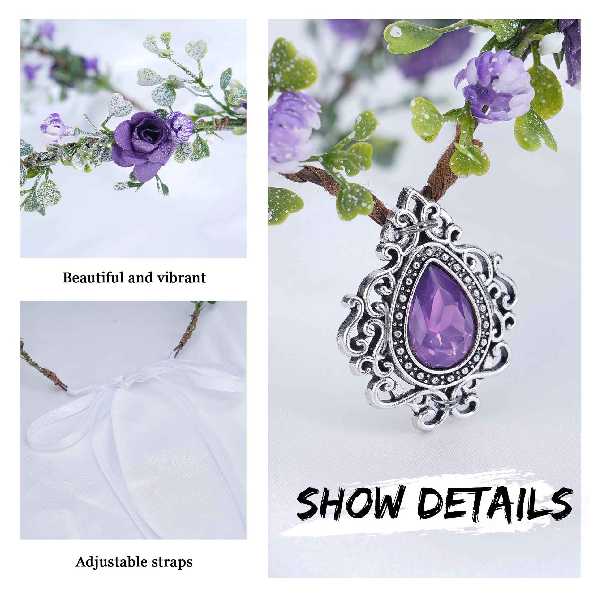 MOSTORY Purple Flower Crown and Fairy Necklace for Women Renaissance Halloween Cosplay