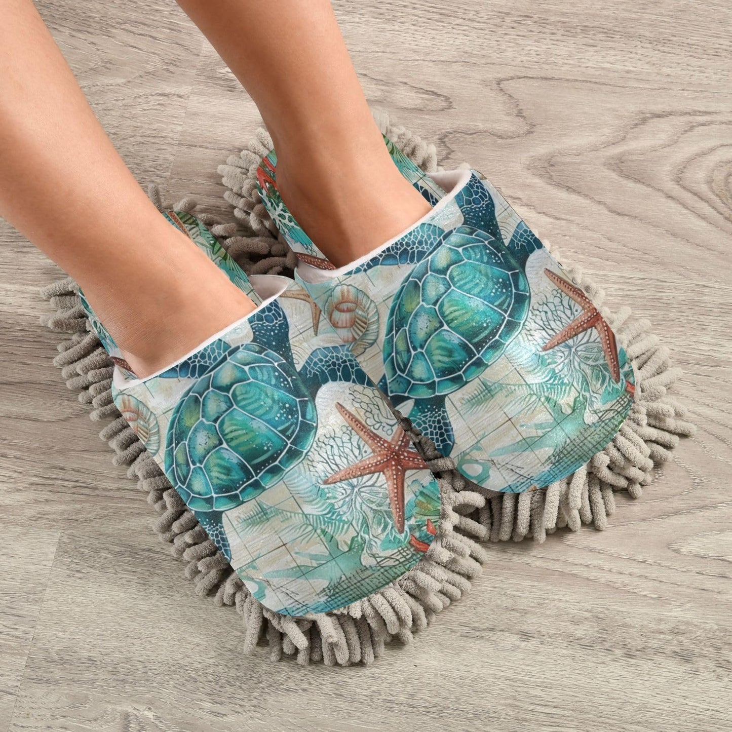 Boccsty Sea Turtle Starfish Mop Slippers Shoes Tortoise Map Ocean Animal Cleaning House Slippers Spa Slippers Dusting Slippers Home Shoes M for Men Women