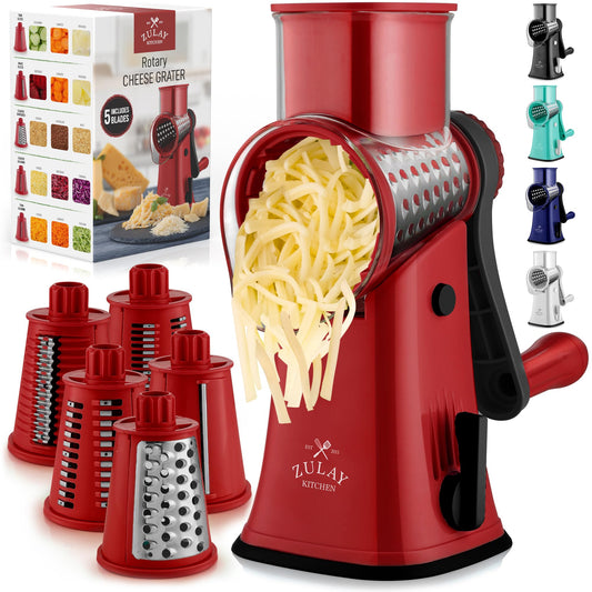 Zulay Rotary Cheese Grater 5 Blade Cheese Shredder - Manual Hand Crank Cheese Grater With Reinforced Suction & 5 Interchangeable Drums - Easy to Use Vegetable Chopper - Deep Maroon