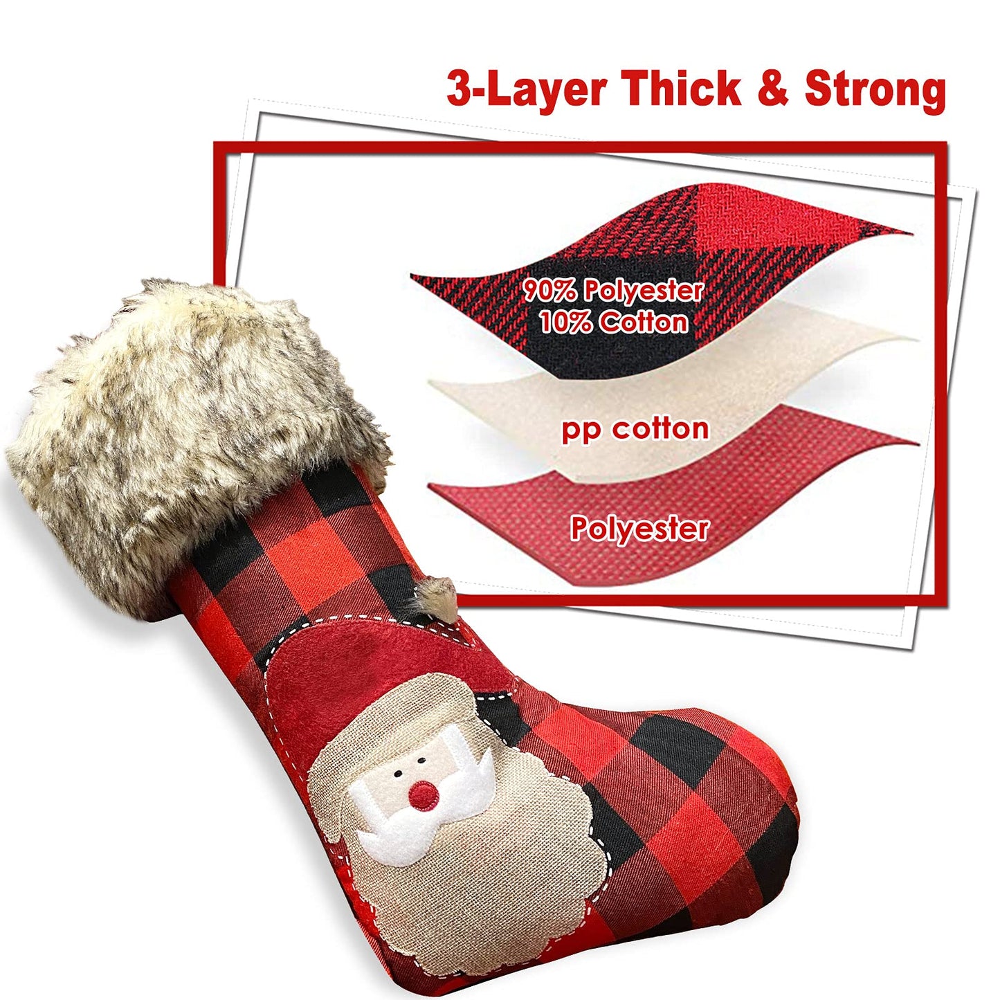 GUDELAK Buffalo Plaid Christmas Stockings, 3 Pack 18 Inches Red and Black Plaid Christmas Decor, Rustic Christmas Stockings with Plush Faux Fur Cuff for Kids Family Farmhouse Christmas Tree Decoration