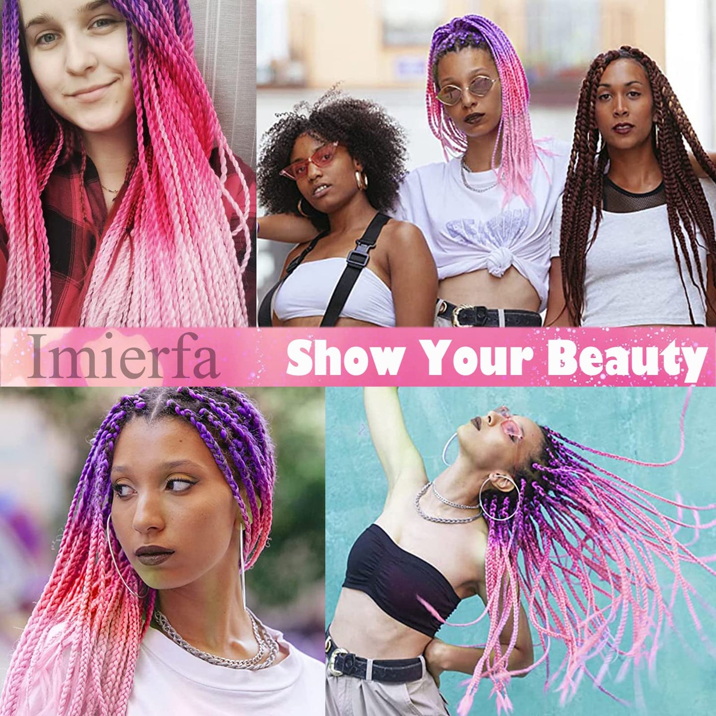 Imierfa Kanekalon Ombre Braiding Hair, 3Tone Braiding Hair Extensions Feed in Hair for Braids, 3Pack Kanekalon Braiding Hair for Twist Braids Color Purple Peach Red Pink 24" 3PCS