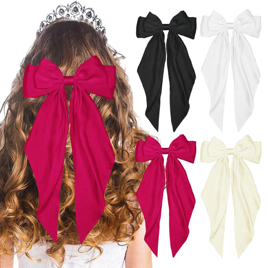 LSxia 4PCS Hair Bows for Women, [Black & White & Beige White & Wine Red] Hair Bows for Hair, Big Silky Satin Hair Bow Hair Ribbons, Bow Hair Clips Bow Clips for Women, Cute Hair Accessories (Set G)