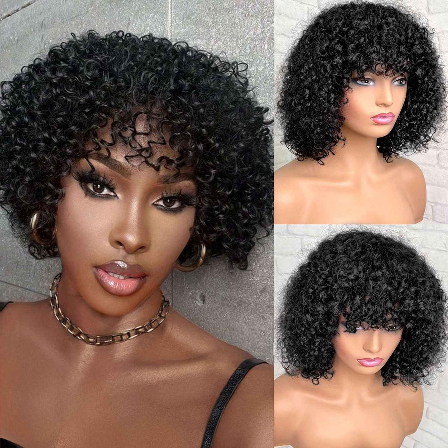 mscoco Bob Wig Human Hair Curly Wigs with bangs for Black Women Short Curly Bob Wig Human Hair Glueless Wear and Go Glueless Wigs Human Hair Black Curly Wig with Bangs