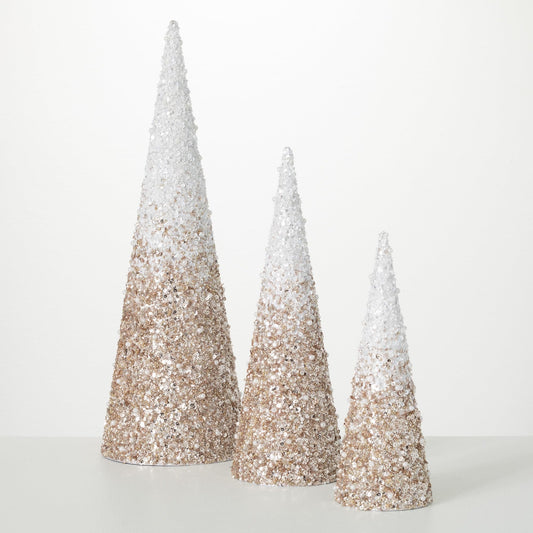 Sullivans Glittered Beaded Cone Tree Set of 3, Christmas Decor, Christmas Tabletop, Decorative Christmas Trees, 11.5" H, 14.75" H and 20" H