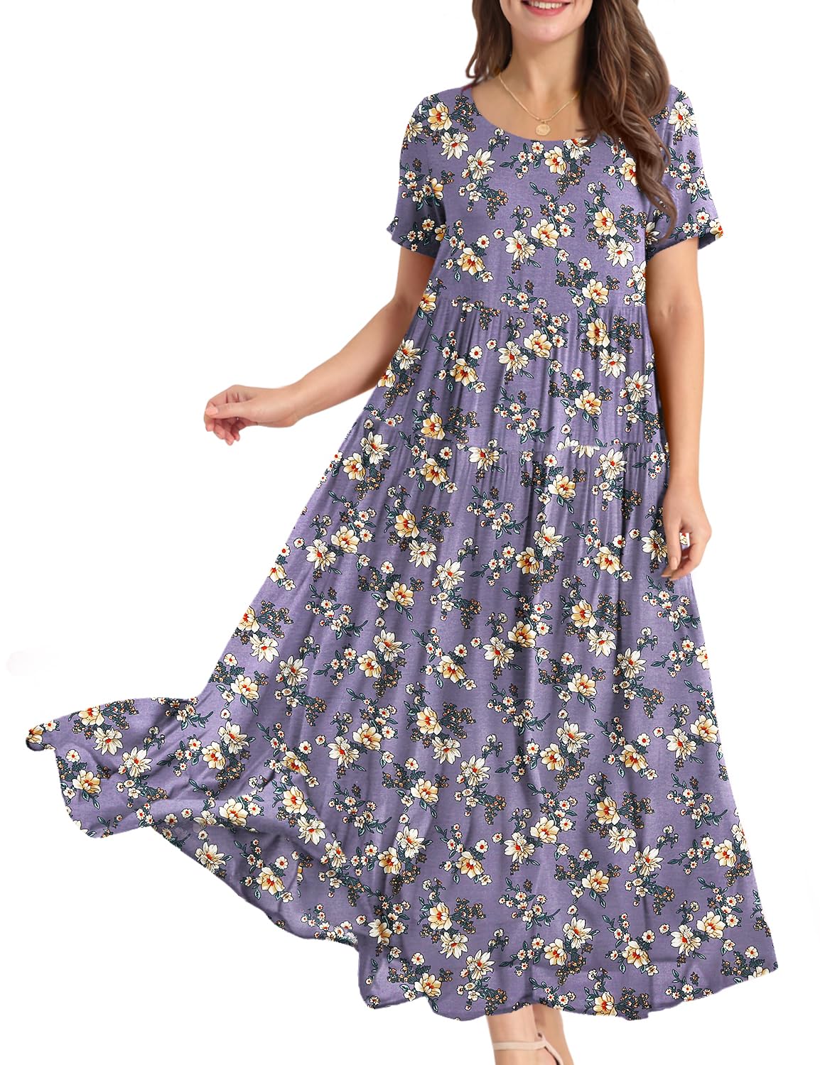 YESNO Women Casual Loose Bohemian Floral Dress with Pockets Short Sleeve Long Maxi Summer Beach Swing Dress XS EJF CR08 Purple