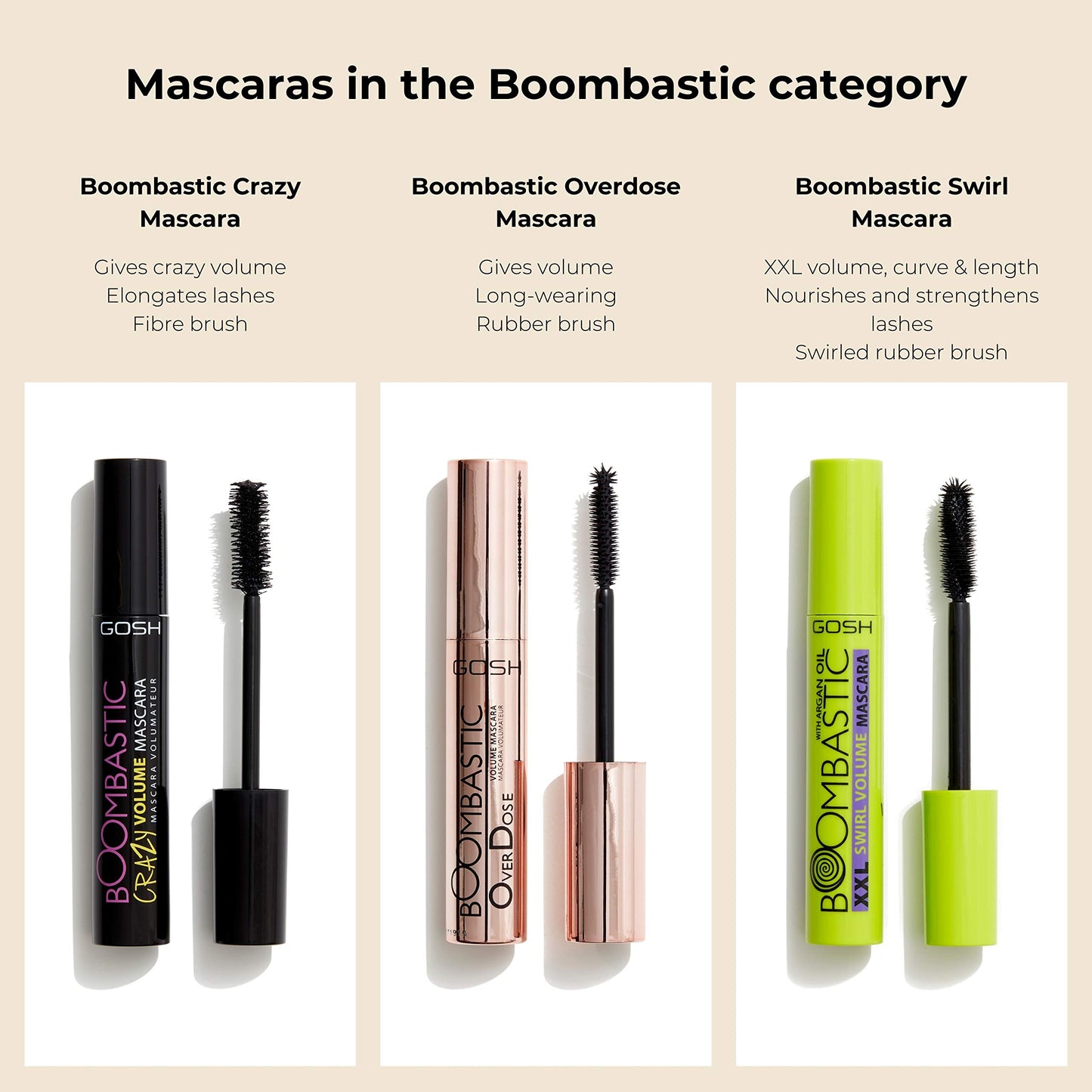 GOSH Boombastic Mascara for Extreme Volume & Long Eyelashes, Mascara with Precise XL Eyelash Brush, Separates Eyelashes When Inducing, Long-lasting, Skin-friendly & Fragrance-, 001 Black