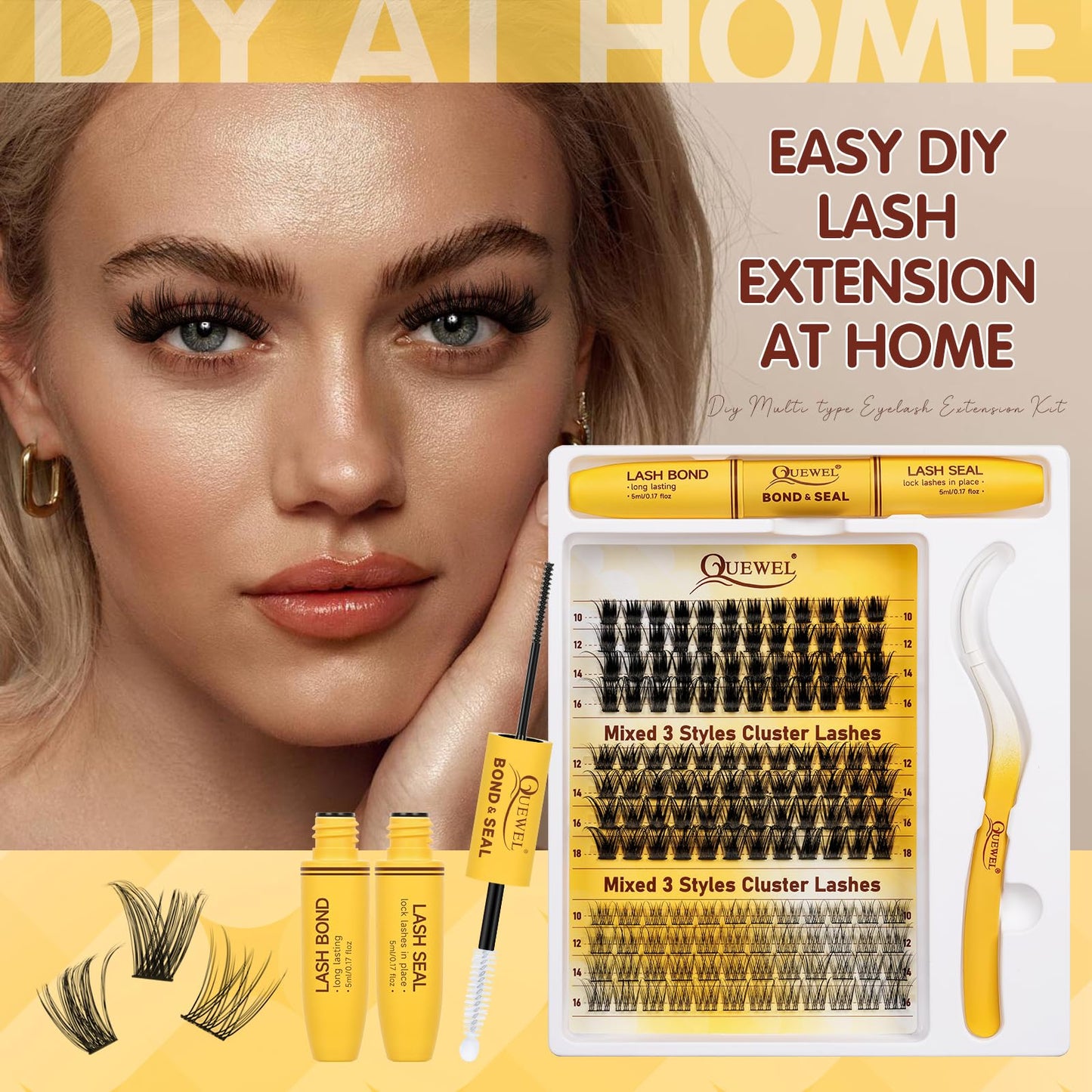 QUEWEL Lash Clusters Kit Multi-type Mixed Eyelash Clusters 144Pcs with Lash Bond and Seal, Cluster Lashes Tweezers, DIY Lash Extensions Kit can Create Kinds of Effects for personal(Style-B-PL2)