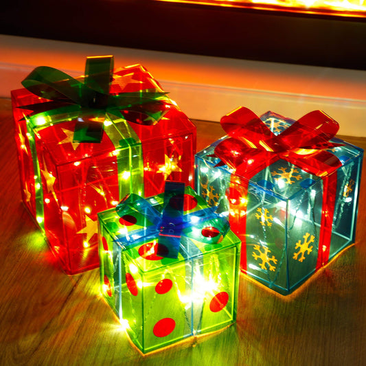 ATDAWN Set of 3 Lighted Gift Boxes Christmas Decorations, Snowflake Star Pre-lit Light Up Present Boxes for Christmas Indoor Home Outdoor Yard Lawn