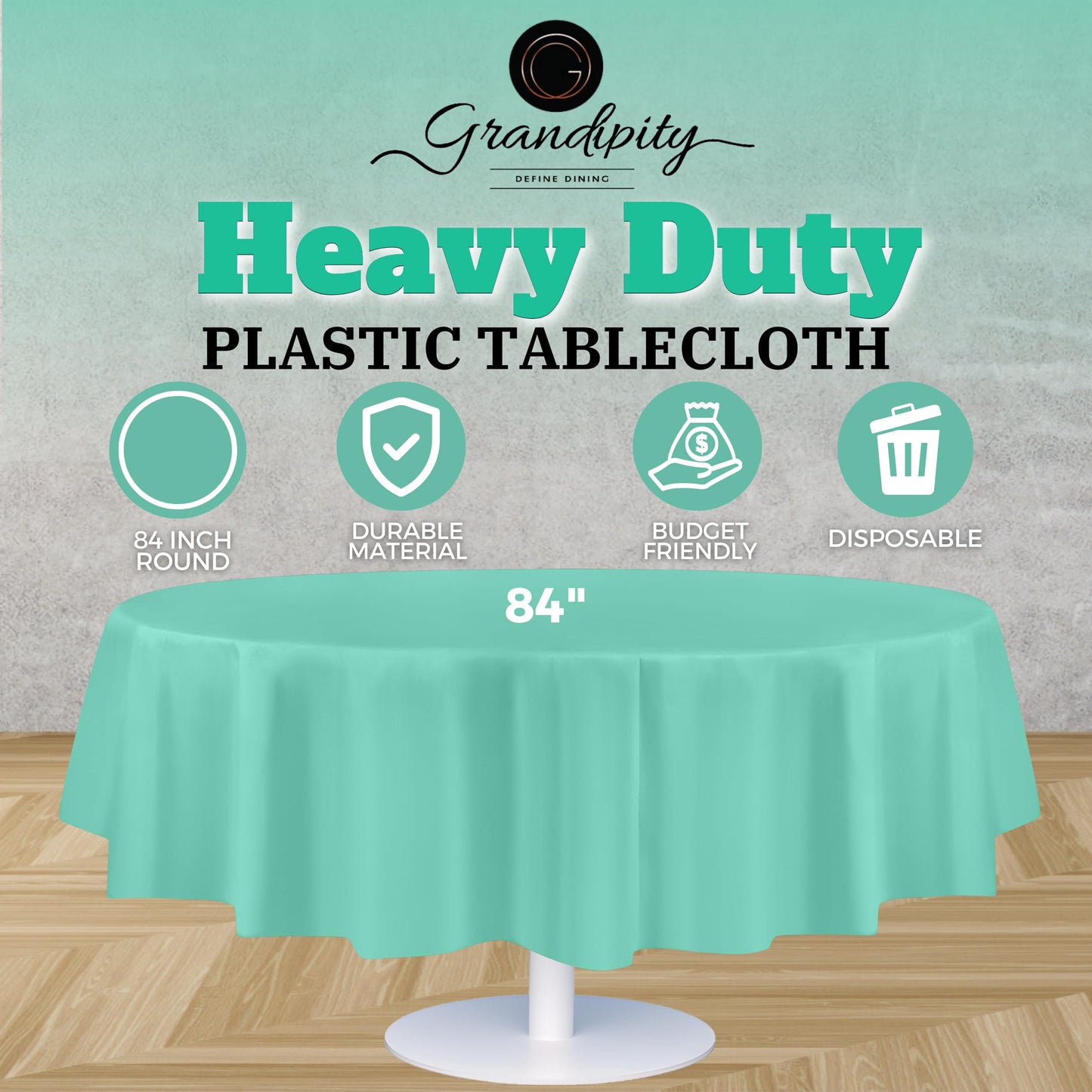 Grandipity Aqua 12 Pack Premium Disposable Plastic Tablecloth 84" Inch Decorative Round Table Cover