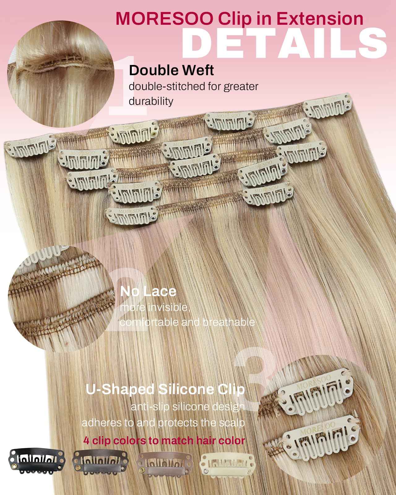 Moresoo Clip in Hair Extensions Blonde Short Human Hair Clip in Extensions Highlights Dark Ash Blonde With Medium Blonde Double Weft for Women Straight 80g/5pcs 10 inch