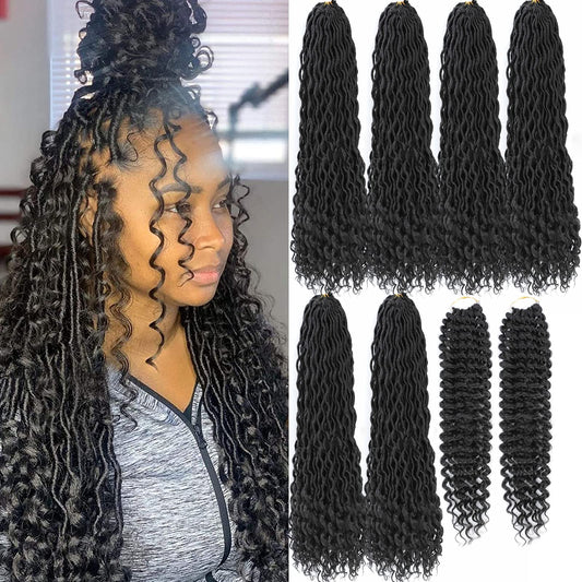 8 Packs New Goddess Locs Crochet Hair 22 Inch River Curls Crochet Hair Faux Locs Wavy Crochet Curly Hair Faix Locs Crochet with Curly Ends for Black Women (1B# 22inch)