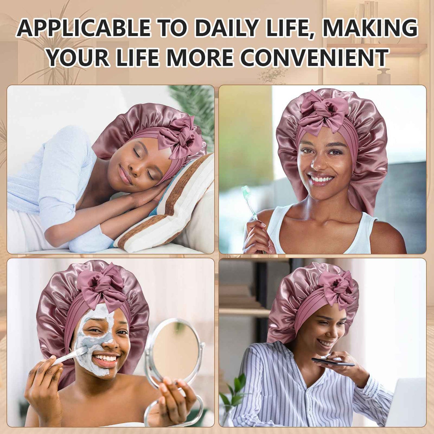 Long Satin Braid Bonnet for Women Silk Bonnet for Sleeping Sleep Cap with Elastic Tie Band Night Cap for Long Curly Hair Give Away Scrunchie(Bean Paste)