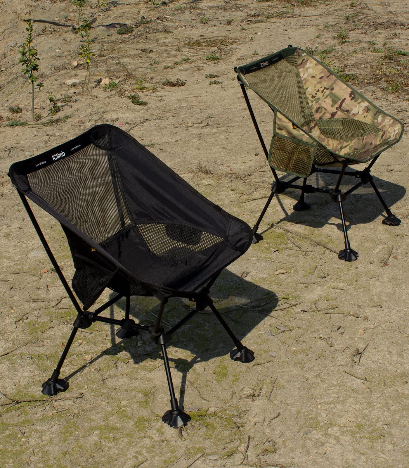 iClimb Ultralight Compact Camping Folding Beach Chair with Anti-Sinking Large Feet and Back Support Webbing (Black - Square Frame)