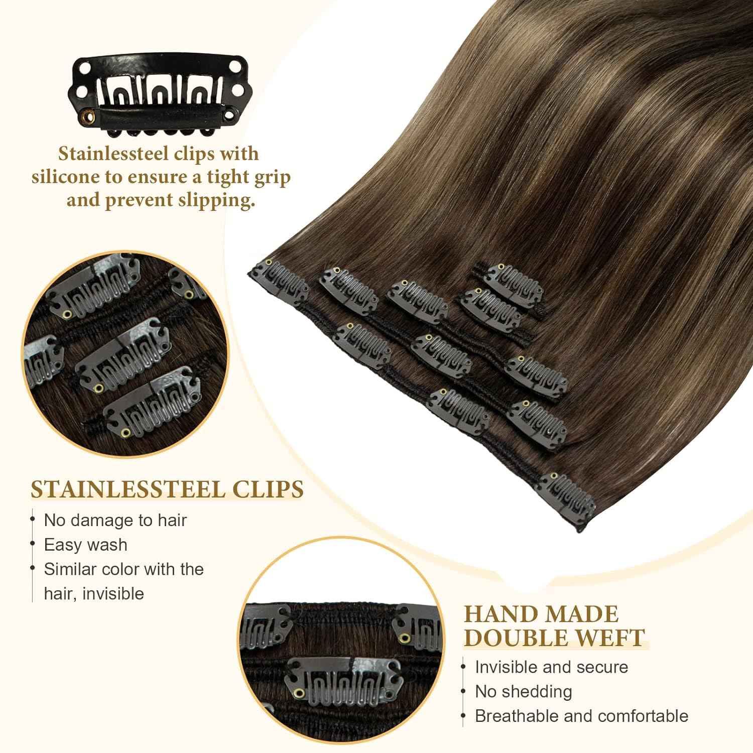 Balayage Clip in Real Human Hair Extensions Ombre Chocolate Brown to Caramel Blonde Natural Silky Straight Clip on Hair Extensions Double Weft Remy Brazilian Clip ins Hair 14 Inch 60G 5 PCS