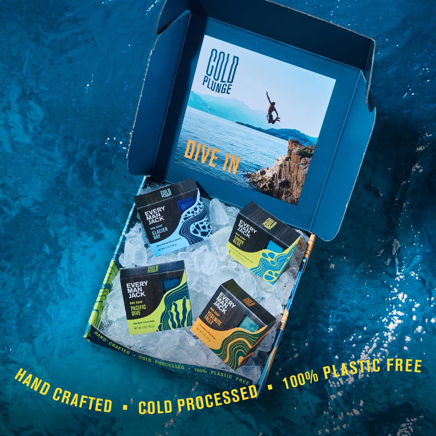 Every Man Jack Cold Plunge Mens Bar Soap Set - Deeply Cleans, Hydrates with Naturally Derived Ingredients - Iconic Cold Water Scents - Pacific Dive, Glacier Bay, Tahoe Blue, Yosemite Falls, 4 Bar Set